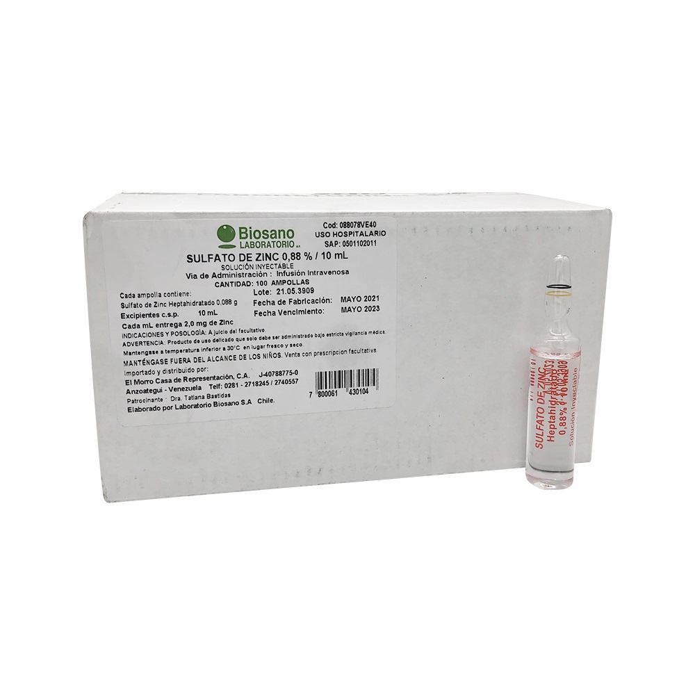 SULFATO DE ZINC 0.88%/10ML X 1AMP BIOSANO