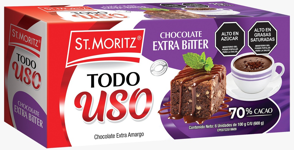 CHOCOLATE ST MORITZ 6 X 100GR TODO USO 70% EXTRA BITTER
