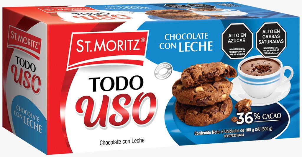 CHOCOLATE ST MORITZ 6 X 100GR TODO USO 36% LECHE
