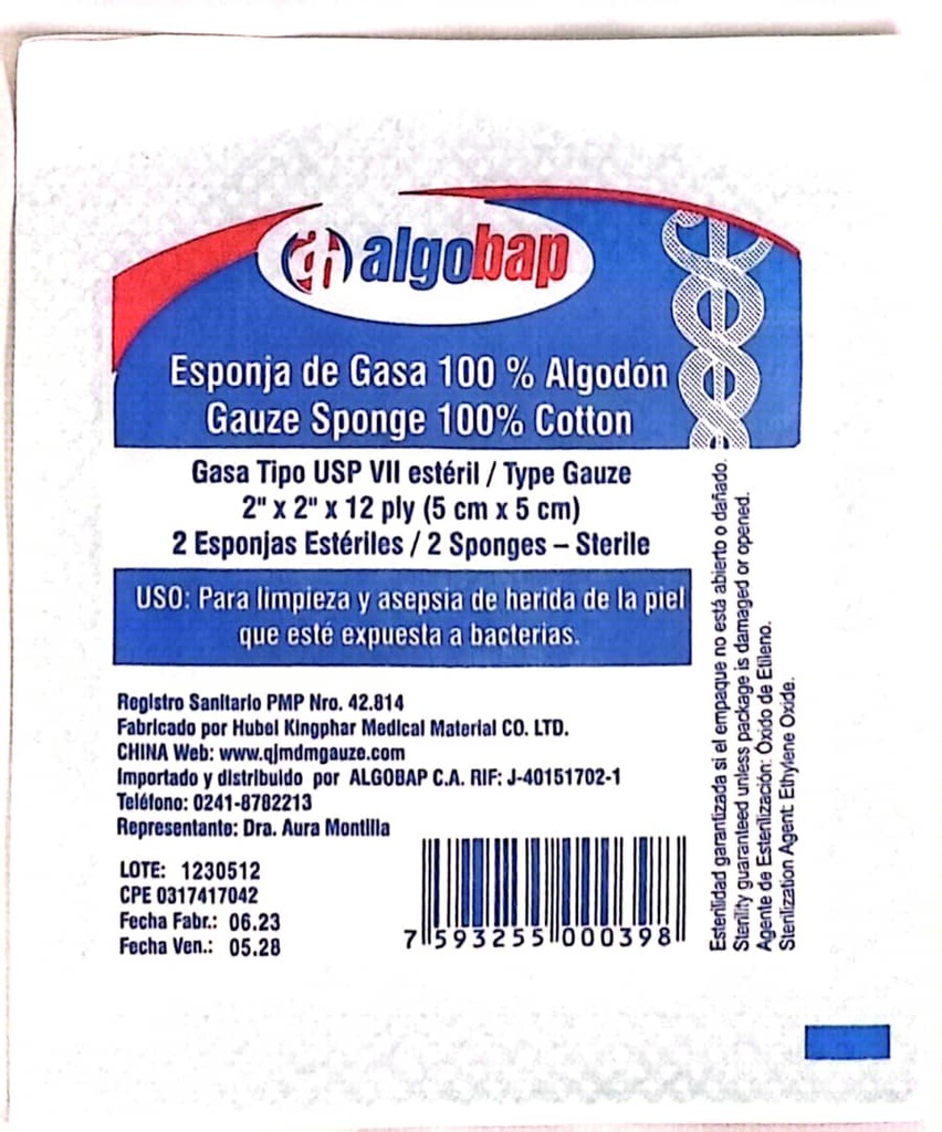 GASAS ESTETERIL 2X2 X 1SOBRE ALGOBAP