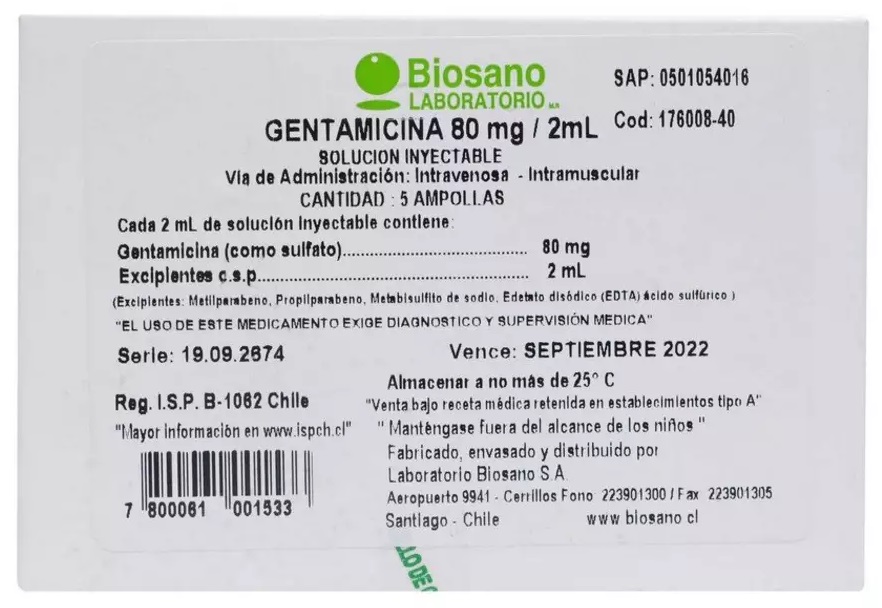 GENTAMICINA 80MG/2ML X 1AMP IM.IV BIOSANO