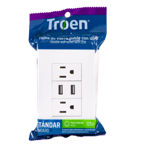 TOMACORRIENTE TROEN DOBLE C/TIERRA C/PUERTO USB BLANCA 