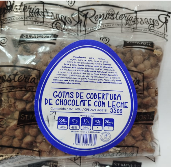 GOTAS DE CHOCOLATE ST. MORITZ 200GR CON LECHE